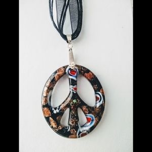 Handblown Murano Style Glass Peace Sign Necklace